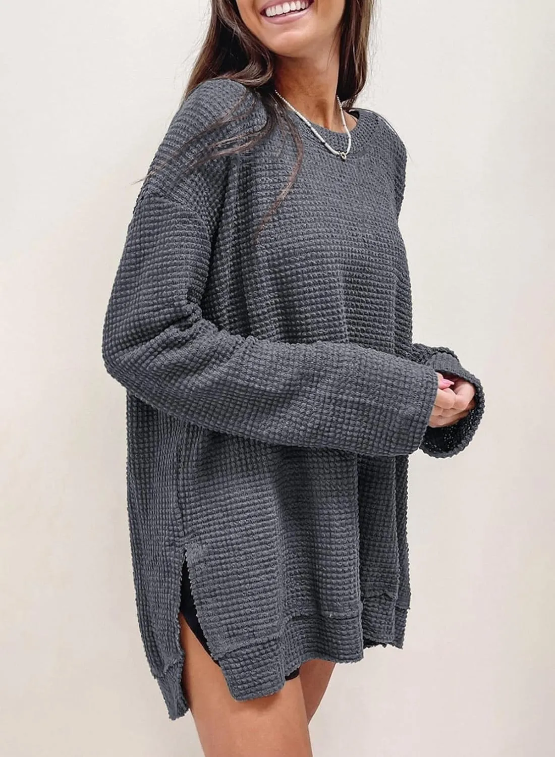 SHEWIN Long Sleeve Shirts For Women Oversized Sweatshirt Crewneck Waffle Knit Spring Tops for Women 2025
