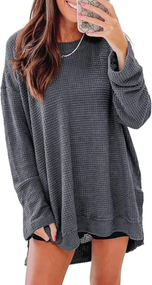 SHEWIN Long Sleeve Shirts For Women Oversized Sweatshirt Crewneck Waffle Knit Spring Tops for Women 2025