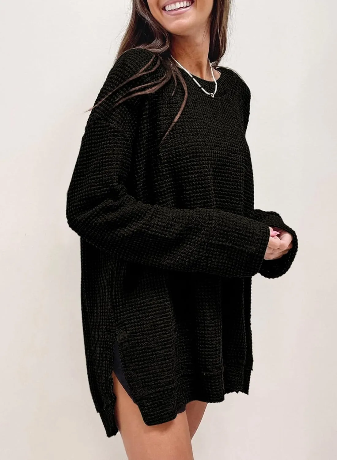 SHEWIN Long Sleeve Shirts For Women Oversized Sweatshirt Crewneck Waffle Knit Spring Tops for Women 2025