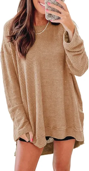 SHEWIN Long Sleeve Shirts For Women Oversized Sweatshirt Crewneck Waffle Knit Spring Tops for Women 2025