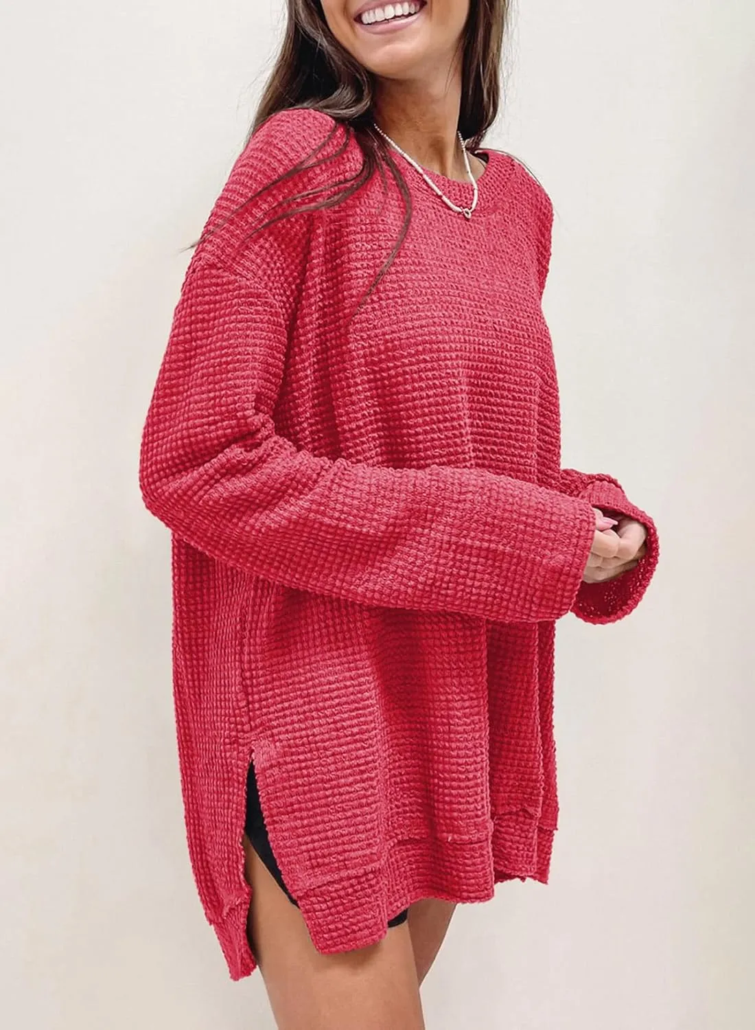 SHEWIN Long Sleeve Shirts For Women Oversized Sweatshirt Crewneck Waffle Knit Spring Tops for Women 2025