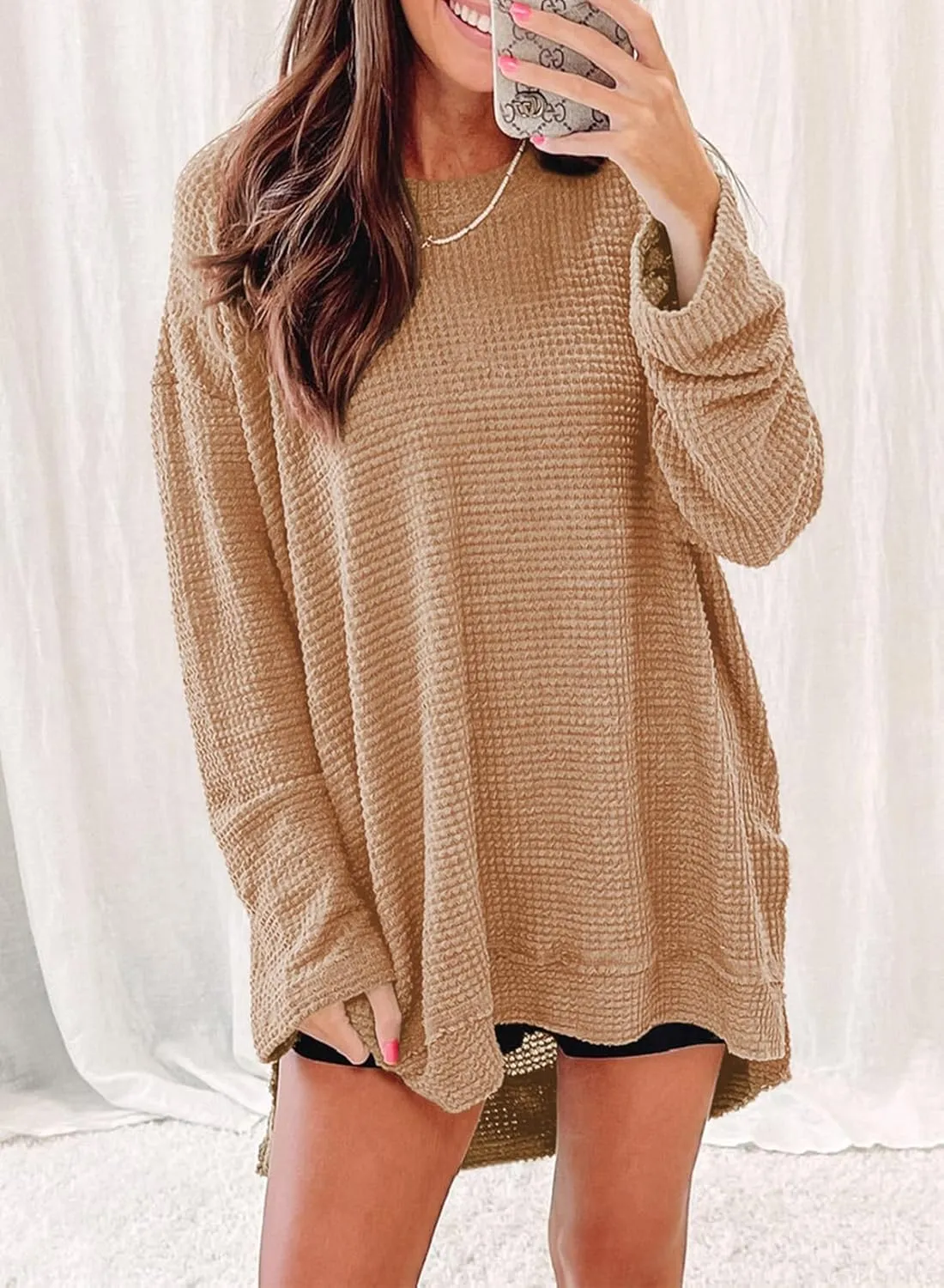SHEWIN Long Sleeve Shirts For Women Oversized Sweatshirt Crewneck Waffle Knit Spring Tops for Women 2025