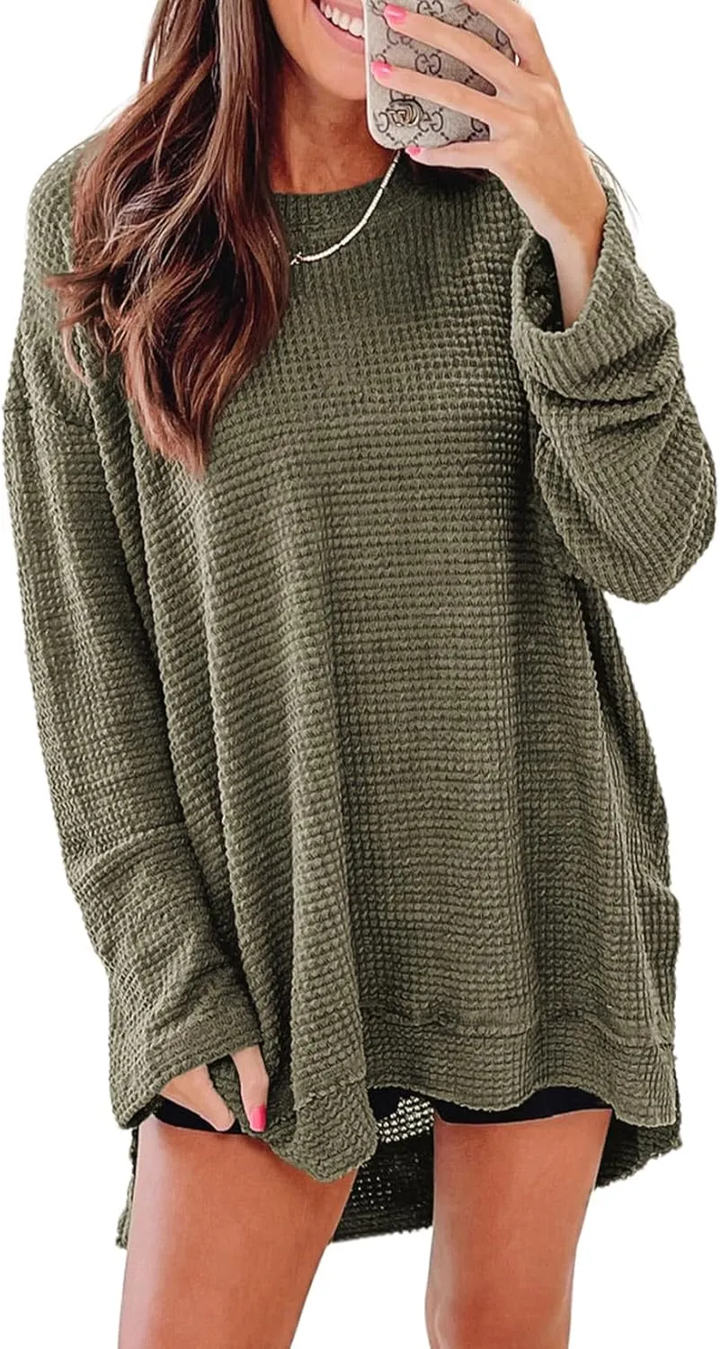 SHEWIN Long Sleeve Shirts For Women Oversized Sweatshirt Crewneck Waffle Knit Spring Tops for Women 2025