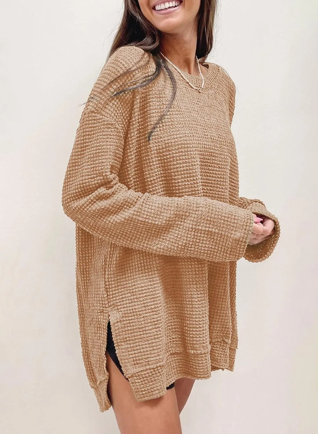 SHEWIN Long Sleeve Shirts For Women Oversized Sweatshirt Crewneck Waffle Knit Spring Tops for Women 2025