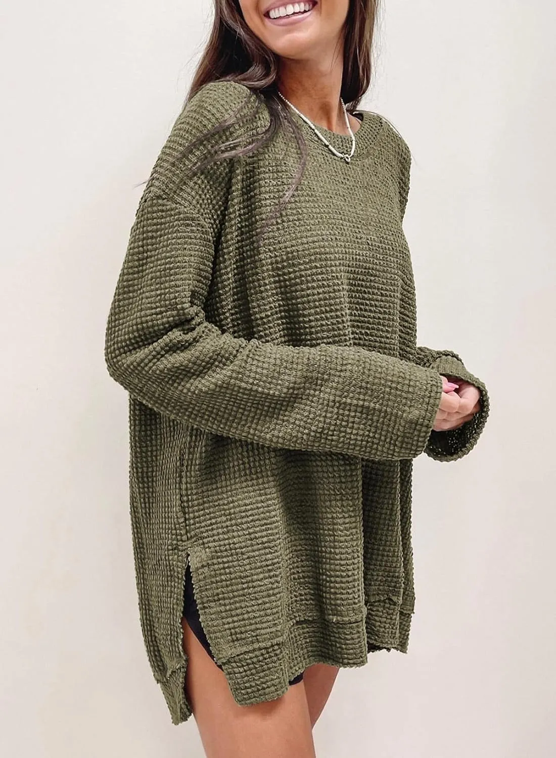 SHEWIN Long Sleeve Shirts For Women Oversized Sweatshirt Crewneck Waffle Knit Spring Tops for Women 2025