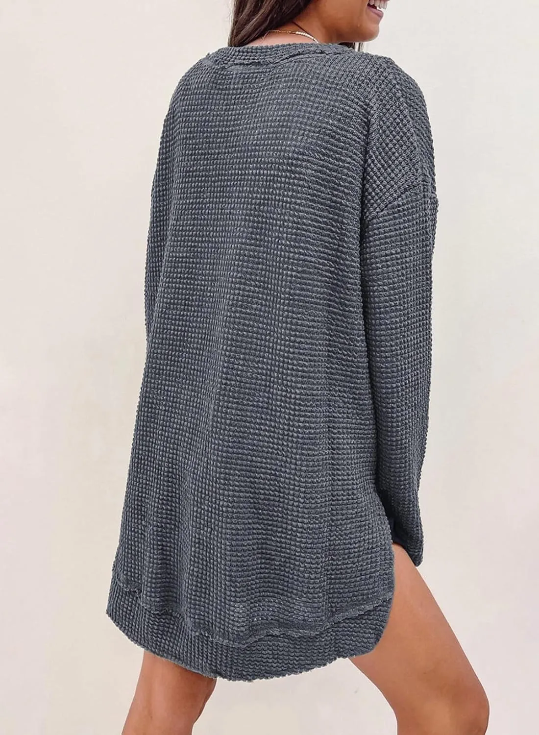 SHEWIN Long Sleeve Shirts For Women Oversized Sweatshirt Crewneck Waffle Knit Spring Tops for Women 2025