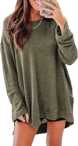 SHEWIN Long Sleeve Shirts For Women Oversized Sweatshirt Crewneck Waffle Knit Spring Tops for Women 2025
