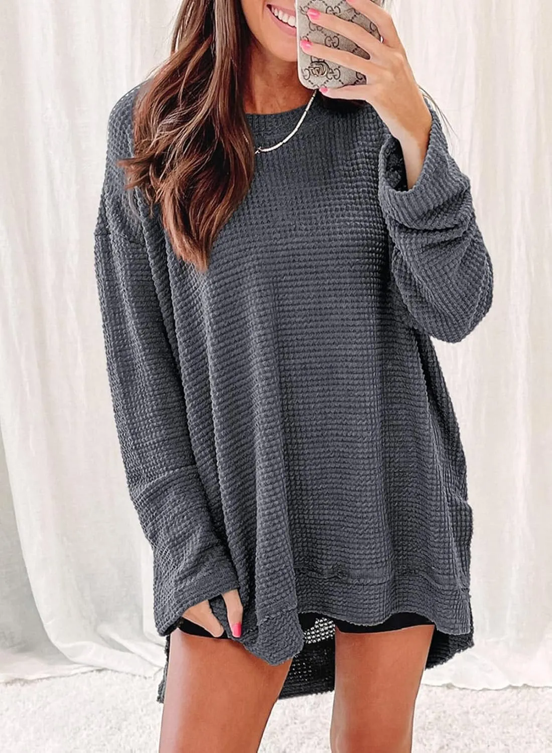 SHEWIN Long Sleeve Shirts For Women Oversized Sweatshirt Crewneck Waffle Knit Spring Tops for Women 2025