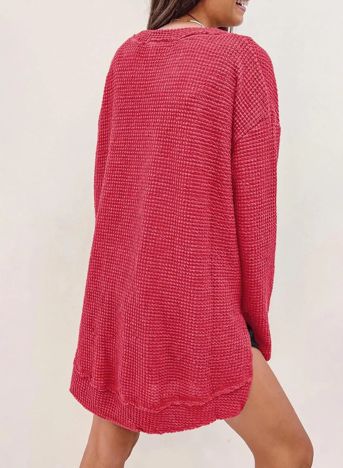 SHEWIN Long Sleeve Shirts For Women Oversized Sweatshirt Crewneck Waffle Knit Spring Tops for Women 2025