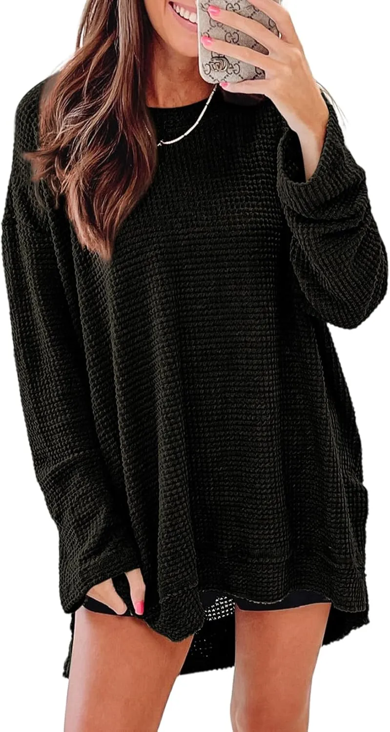 SHEWIN Long Sleeve Shirts For Women Oversized Sweatshirt Crewneck Waffle Knit Spring Tops for Women 2025