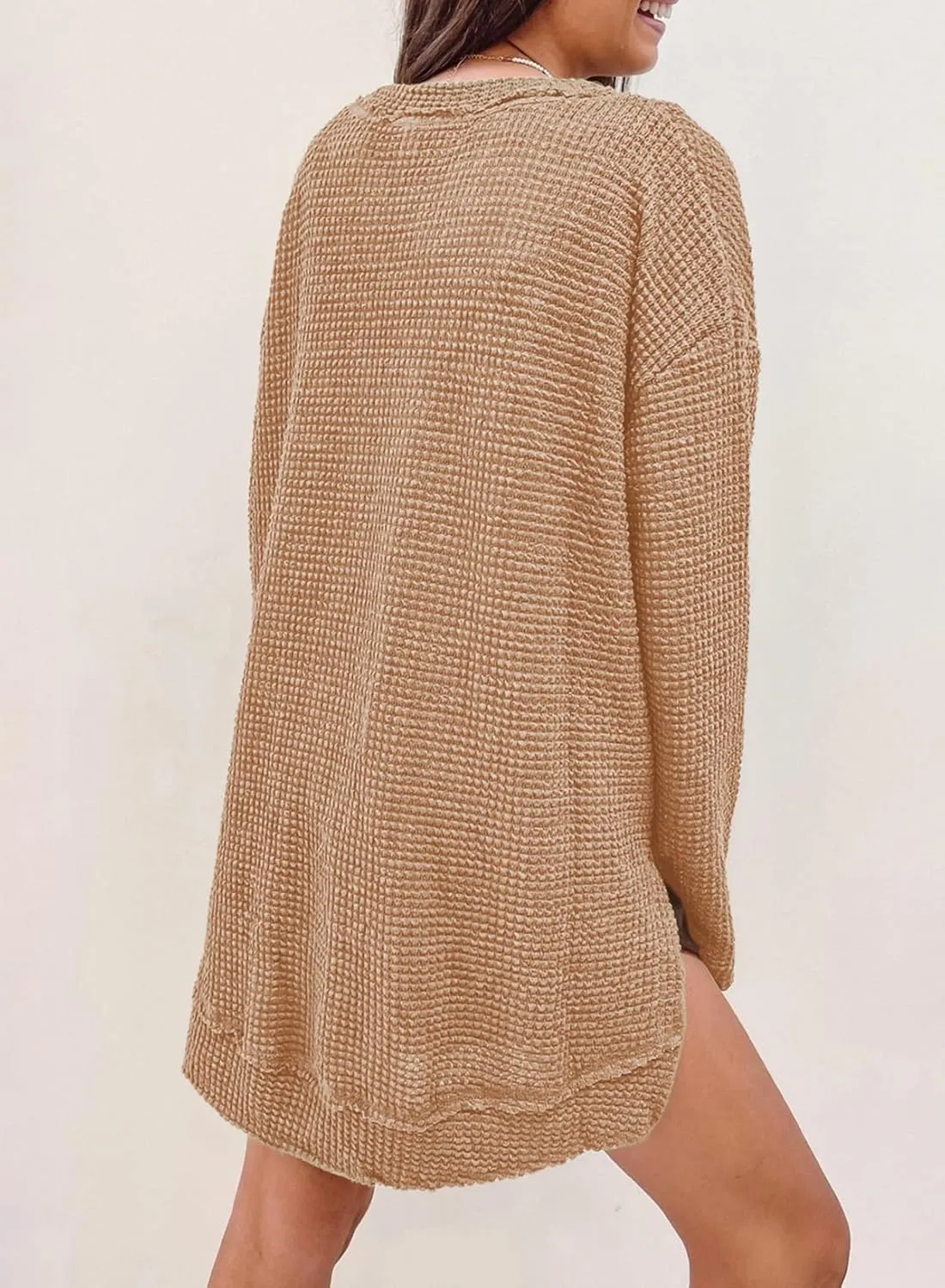 SHEWIN Long Sleeve Shirts For Women Oversized Sweatshirt Crewneck Waffle Knit Spring Tops for Women 2025