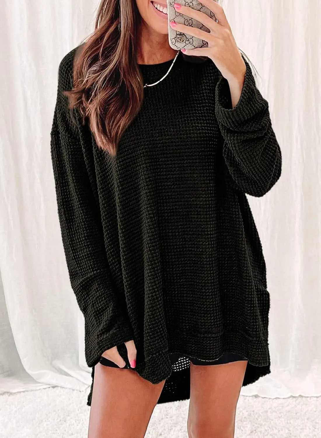 SHEWIN Long Sleeve Shirts For Women Oversized Sweatshirt Crewneck Waffle Knit Spring Tops for Women 2025