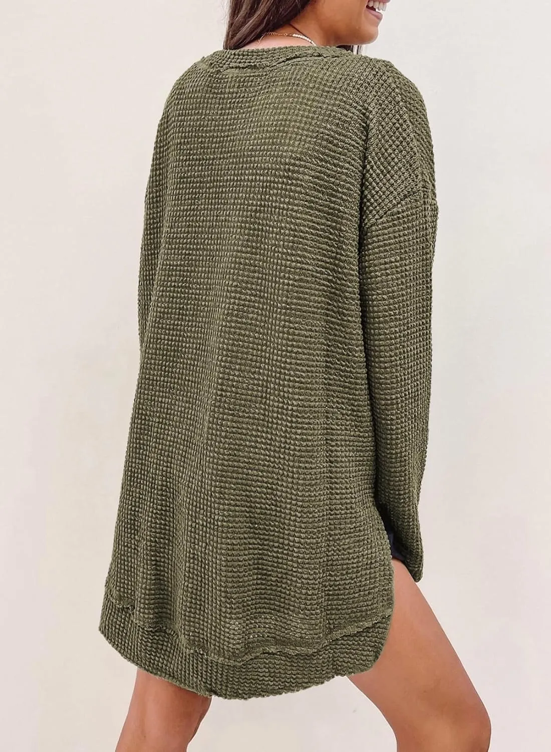 SHEWIN Long Sleeve Shirts For Women Oversized Sweatshirt Crewneck Waffle Knit Spring Tops for Women 2025