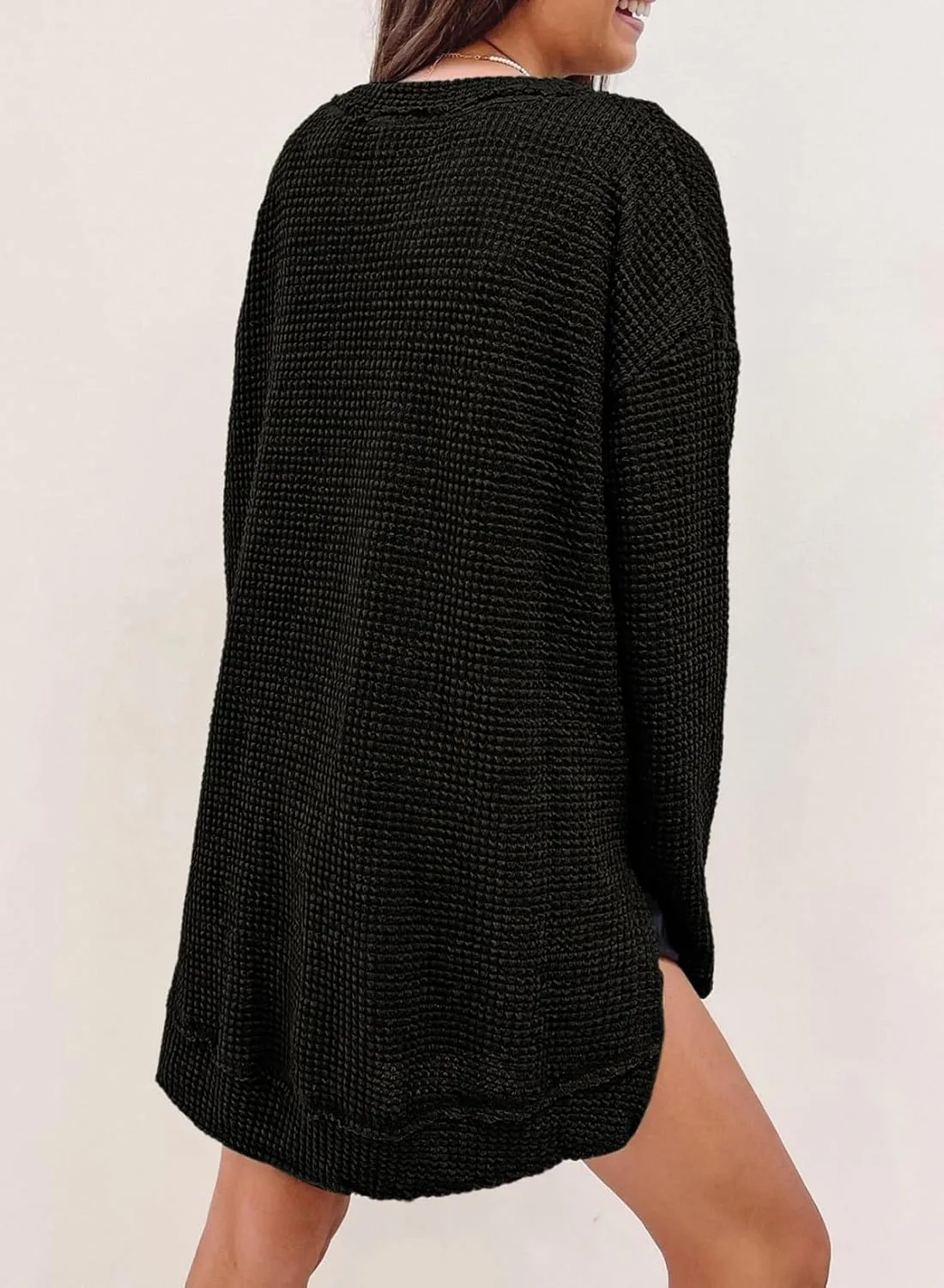 SHEWIN Long Sleeve Shirts For Women Oversized Sweatshirt Crewneck Waffle Knit Spring Tops for Women 2025
