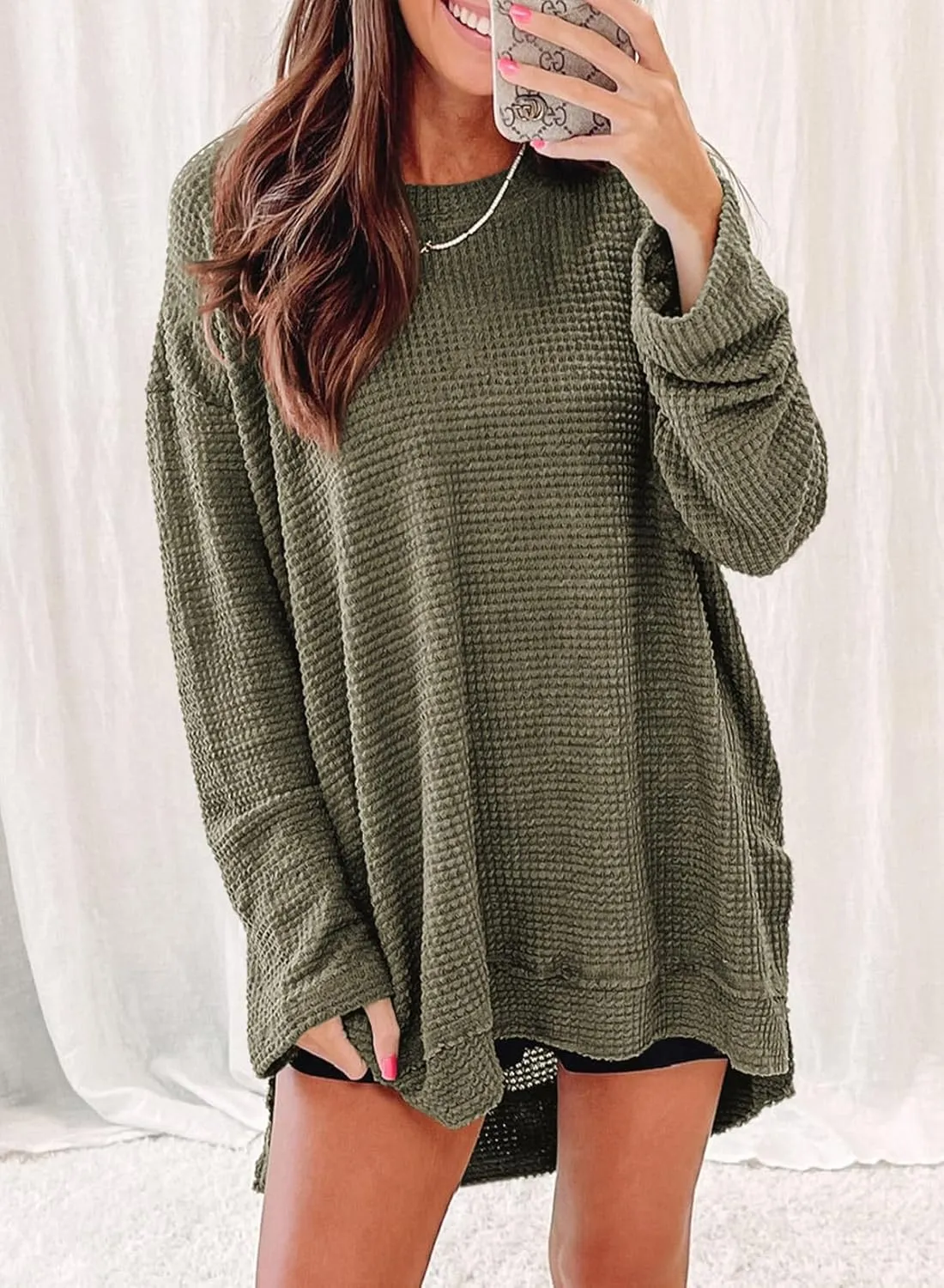 SHEWIN Long Sleeve Shirts For Women Oversized Sweatshirt Crewneck Waffle Knit Spring Tops for Women 2025