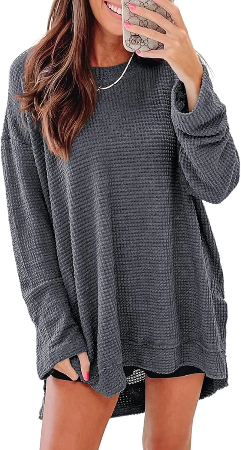 SHEWIN Long Sleeve Shirts For Women Oversized Sweatshirt Crewneck Waffle Knit Spring Tops for Women 2025