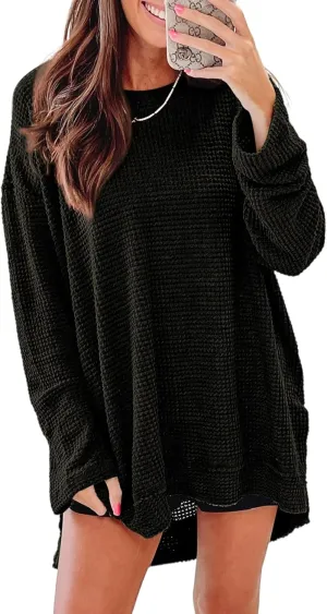 SHEWIN Long Sleeve Shirts For Women Oversized Sweatshirt Crewneck Waffle Knit Spring Tops for Women 2025