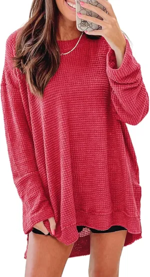 SHEWIN Long Sleeve Shirts For Women Oversized Sweatshirt Crewneck Waffle Knit Spring Tops for Women 2025