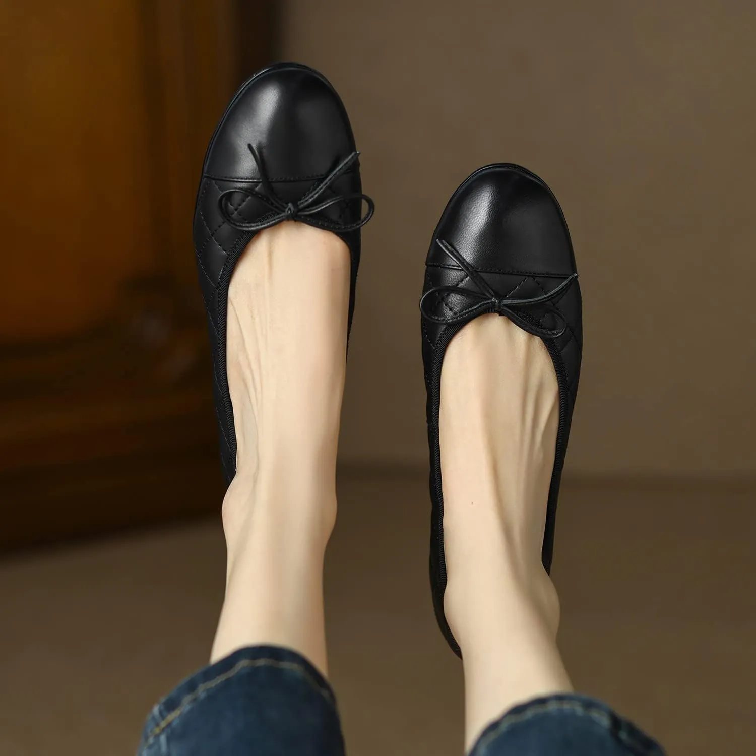 SHODENSE Women Cap Toe Bow Flats Two Tone Slip On Ballet Flats Comfy Closed Round Toe Flats Colorblock 1 Inch Low Flat Heel Dress Shoes Chic Chic Casual Drive Flat Shoes 4-11 M US