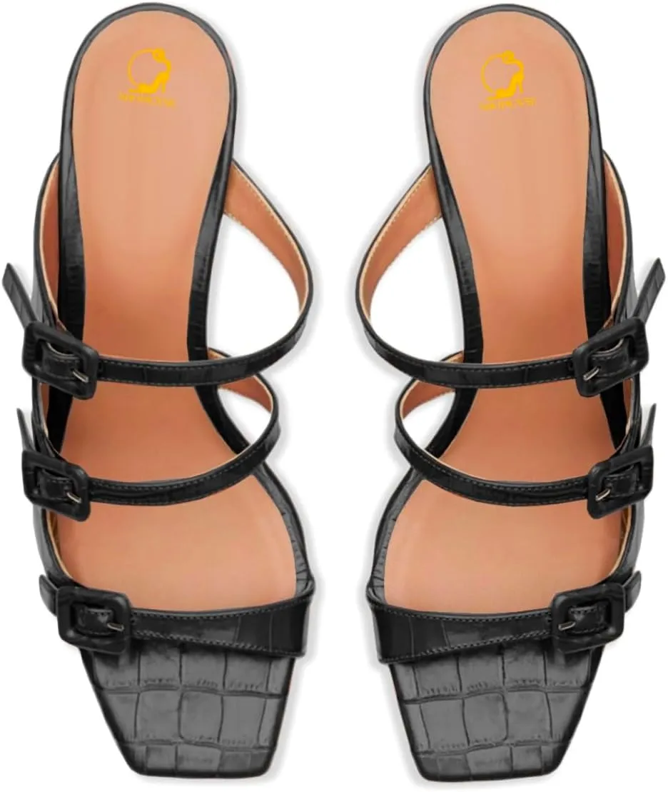 SHODENSE Women Kitten Heels Mules Square Open Toe Sandals Suede 2 Inch Mid Heels Slippers Buckle Strappy Patent Crocodile Mule Clogs Peep Toe Slip-Ons Comfortable Slides Shoes Dressy Fashion 4-11 M US