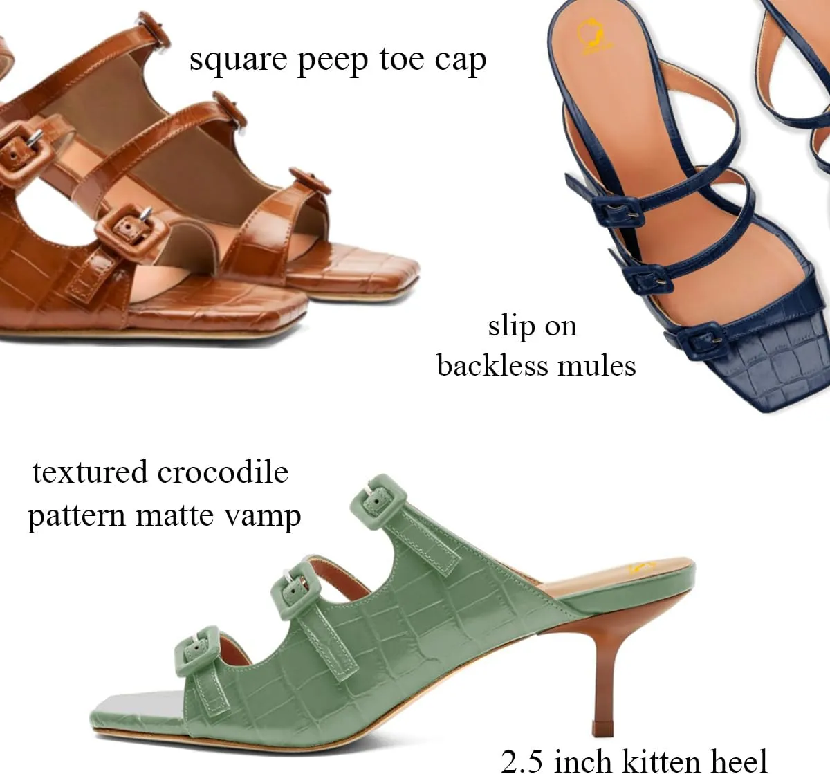 SHODENSE Women Kitten Heels Mules Square Open Toe Sandals Suede 2 Inch Mid Heels Slippers Buckle Strappy Patent Crocodile Mule Clogs Peep Toe Slip-Ons Comfortable Slides Shoes Dressy Fashion 4-11 M US