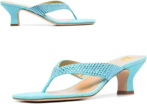 SHODENSE Women Rhinestone Flip Flops Mules Sandals Suede Chunky Kitten Heel Square Toe Thong Sandals Slip On T-Strap Glitter Sandal Shoes 2" Heels Slide Slipper Summer Beach Dressy Comfort 4-11 M US