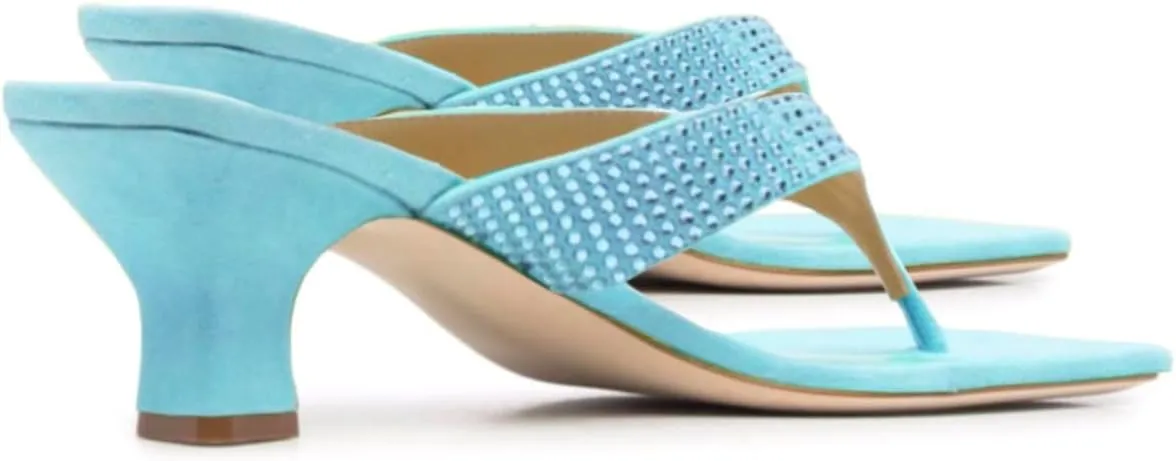 SHODENSE Women Rhinestone Flip Flops Mules Sandals Suede Chunky Kitten Heel Square Toe Thong Sandals Slip On T-Strap Glitter Sandal Shoes 2" Heels Slide Slipper Summer Beach Dressy Comfort 4-11 M US