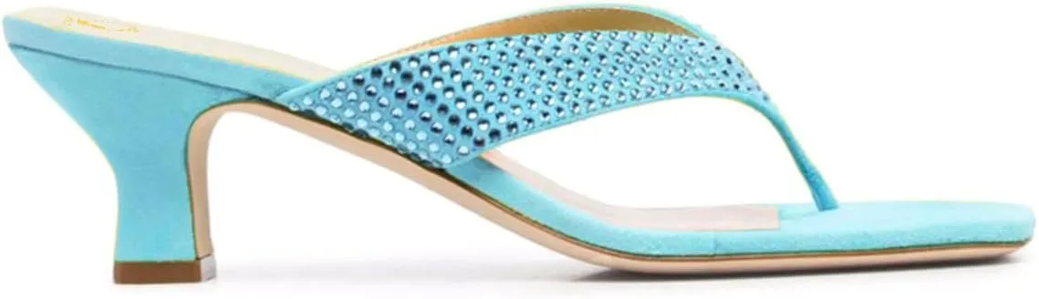 SHODENSE Women Rhinestone Flip Flops Mules Sandals Suede Chunky Kitten Heel Square Toe Thong Sandals Slip On T-Strap Glitter Sandal Shoes 2" Heels Slide Slipper Summer Beach Dressy Comfort 4-11 M US