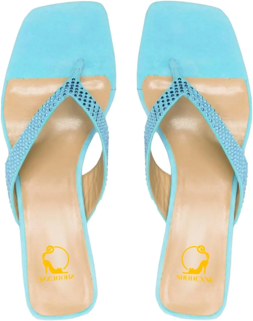 SHODENSE Women Rhinestone Flip Flops Mules Sandals Suede Chunky Kitten Heel Square Toe Thong Sandals Slip On T-Strap Glitter Sandal Shoes 2" Heels Slide Slipper Summer Beach Dressy Comfort 4-11 M US