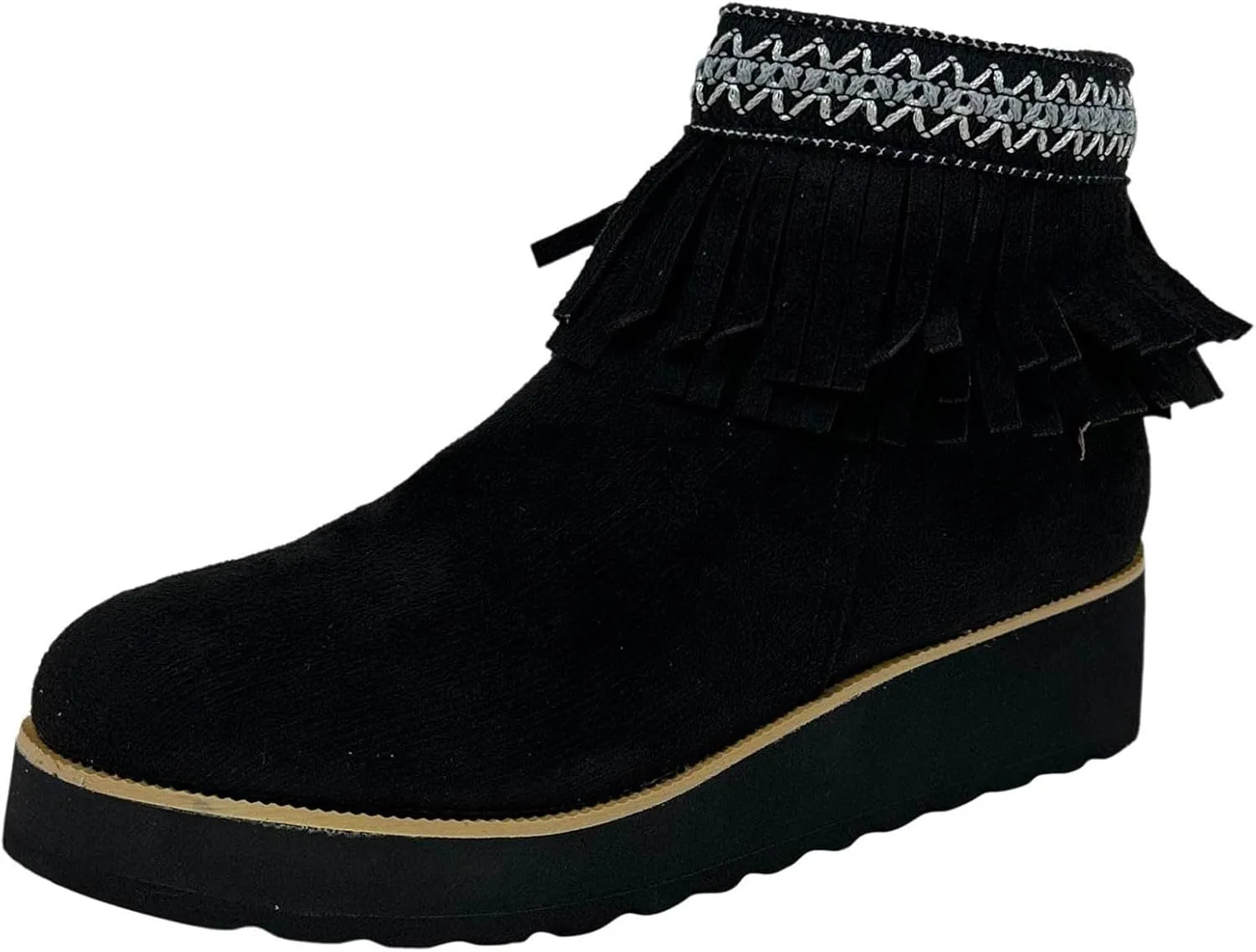 Short Boots for Women Casual Black Ankle Boots for Women Comfortable Soft Sole Thick Wedge Heel Tassel Frosted Boots