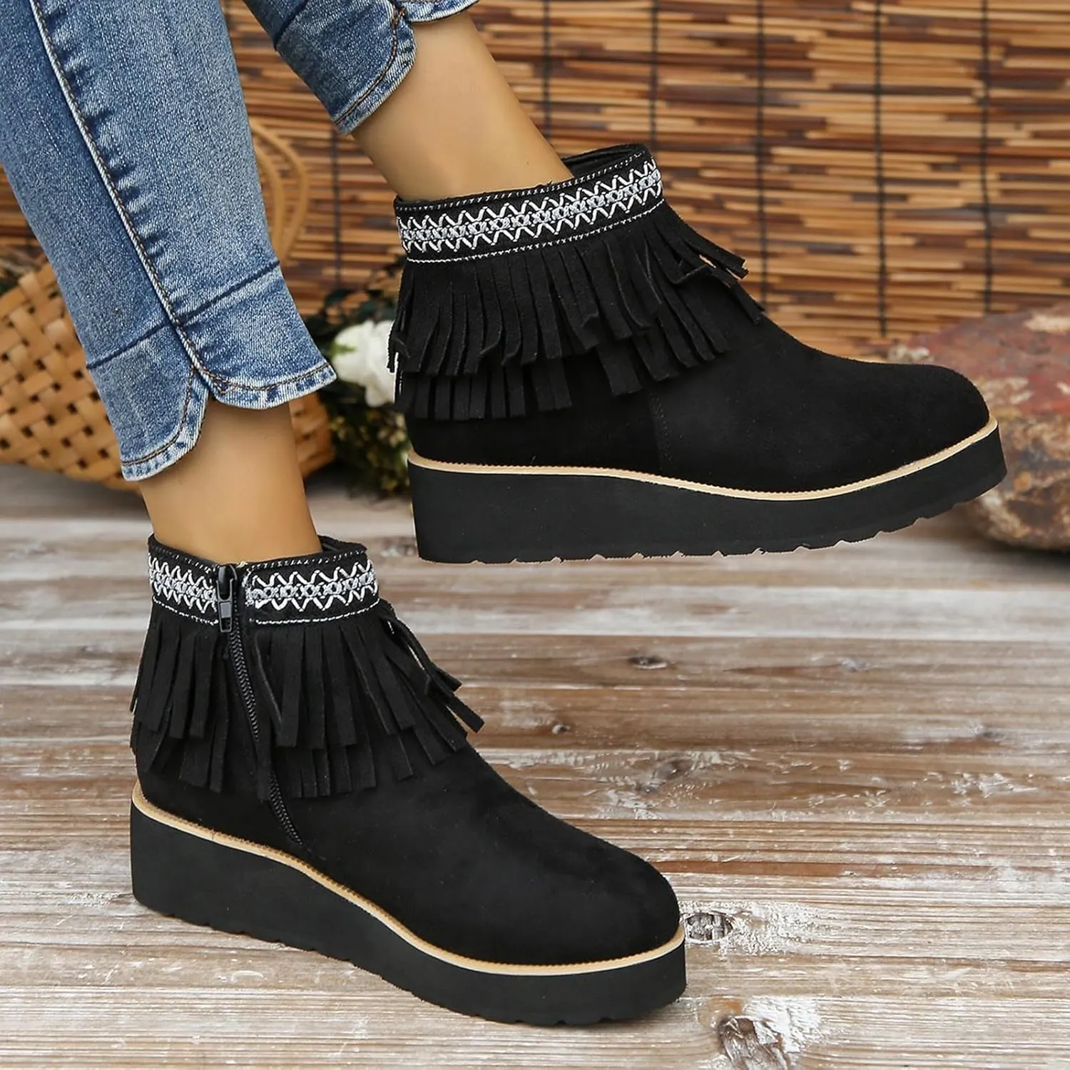 Short Boots for Women Casual Black Ankle Boots for Women Comfortable Soft Sole Thick Wedge Heel Tassel Frosted Boots