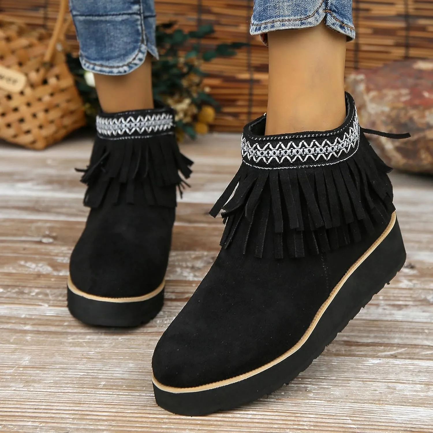 Short Boots for Women Casual Black Ankle Boots for Women Comfortable Soft Sole Thick Wedge Heel Tassel Frosted Boots