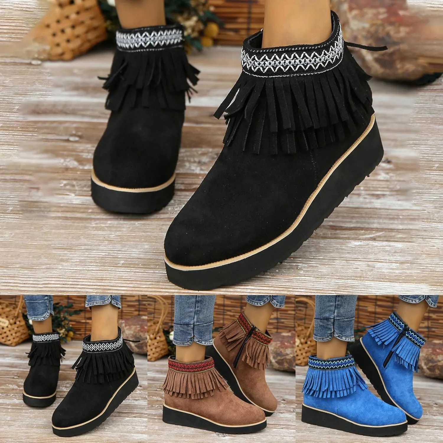 Short Boots for Women Casual Black Ankle Boots for Women Comfortable Soft Sole Thick Wedge Heel Tassel Frosted Boots