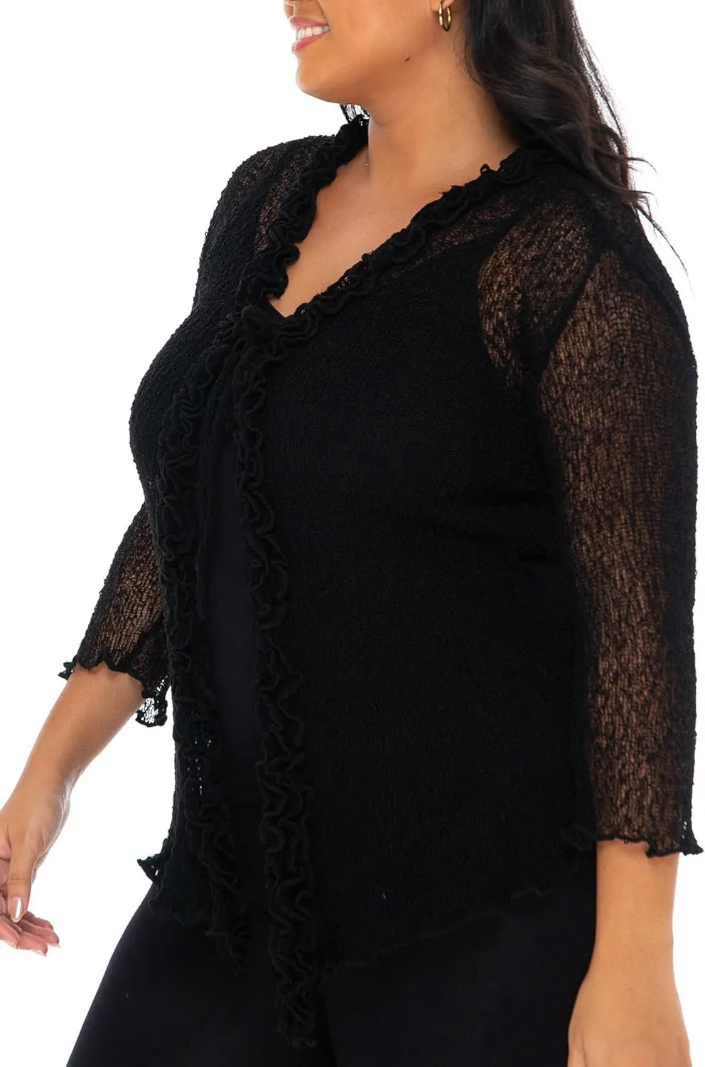SHU-SHI Womens Plus Size Ruffle Shrug Tie Top Open Front Cardigan Lightweight Knit XL 2X 3X 4X Bolero Sweater