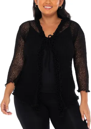 SHU-SHI Womens Plus Size Ruffle Shrug Tie Top Open Front Cardigan Lightweight Knit XL 2X 3X 4X Bolero Sweater