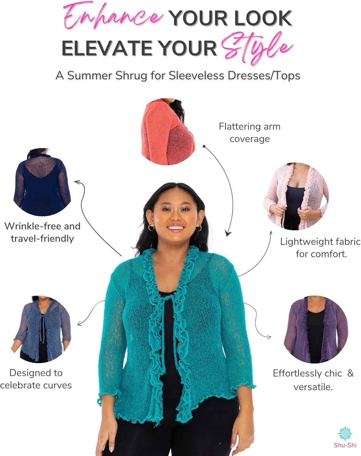 SHU-SHI Womens Plus Size Ruffle Shrug Tie Top Open Front Cardigan Lightweight Knit XL 2X 3X 4X Bolero Sweater