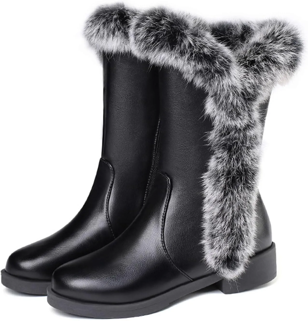 Side Zipper Raw Edge Snow Boots, Round Toe Low Heel Short Boots Plush Lined Warm Women's Boots V-Neck Windproof Mid Calf Boots Leather Waterproof Boots