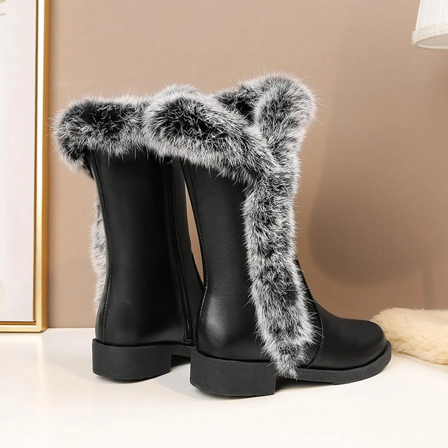 Side Zipper Raw Edge Snow Boots, Round Toe Low Heel Short Boots Plush Lined Warm Women's Boots V-Neck Windproof Mid Calf Boots Leather Waterproof Boots