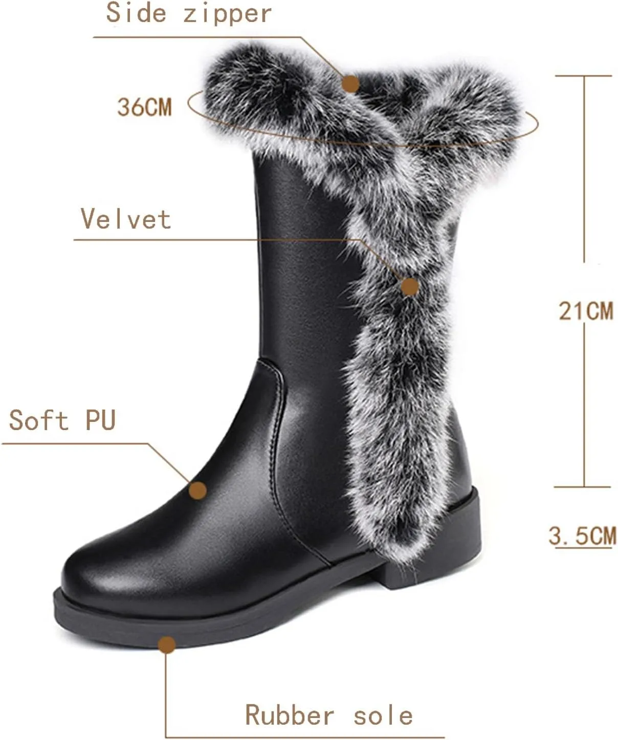 Side Zipper Raw Edge Snow Boots, Round Toe Low Heel Short Boots Plush Lined Warm Women's Boots V-Neck Windproof Mid Calf Boots Leather Waterproof Boots