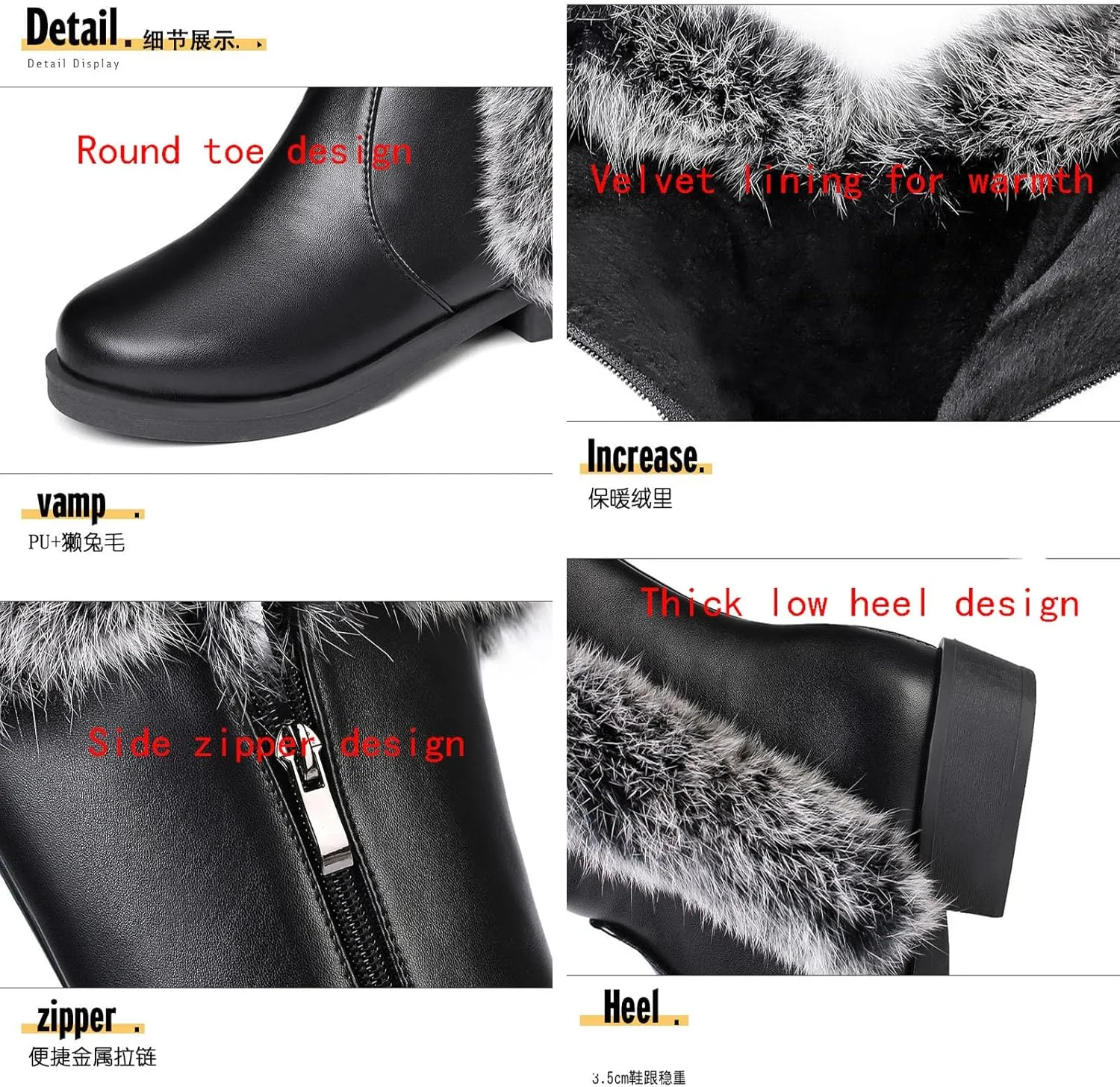 Side Zipper Raw Edge Snow Boots, Round Toe Low Heel Short Boots Plush Lined Warm Women's Boots V-Neck Windproof Mid Calf Boots Leather Waterproof Boots