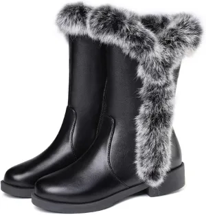 Side Zipper Raw Edge Snow Boots, Round Toe Low Heel Short Boots Plush Lined Warm Women's Boots V-Neck Windproof Mid Calf Boots Leather Waterproof Boots