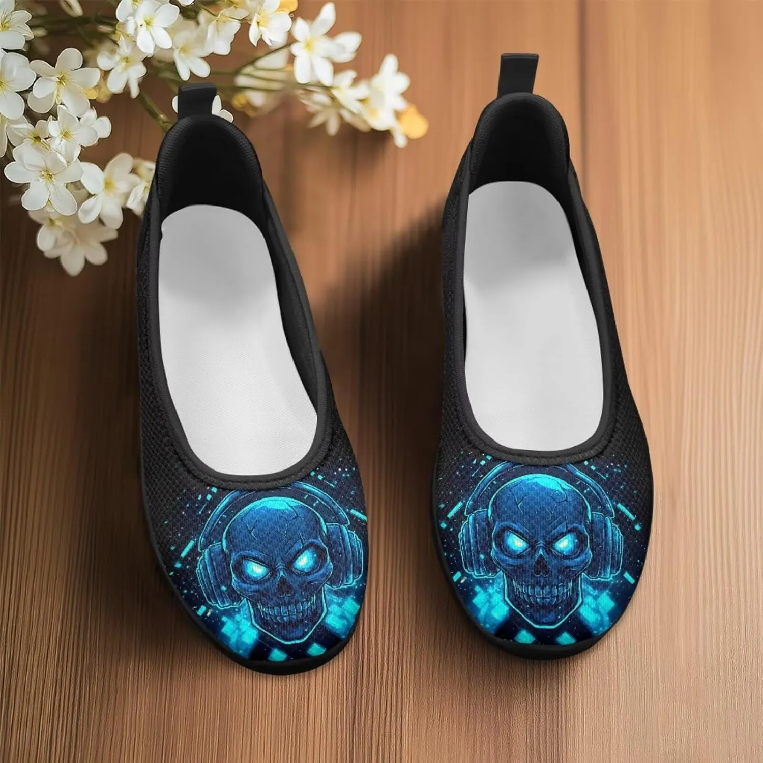 Skull Loafers for Women Dressy Sneakers Floral Slip On Low Cut Tennis Shoes Flats Breathable Mesh Tennis Shoe for Party Travel Comfort Sneaker