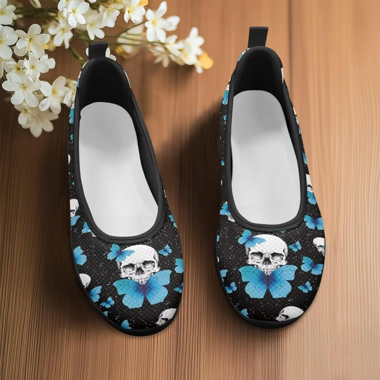 Skull Loafers for Women Dressy Sneakers Floral Slip On Low Cut Tennis Shoes Flats Breathable Mesh Tennis Shoe for Party Travel Comfort Sneaker