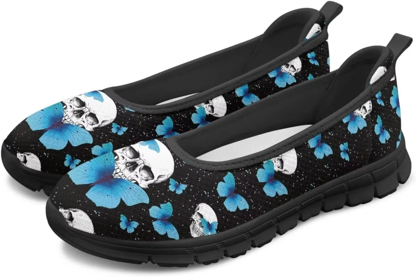 Skull Loafers for Women Dressy Sneakers Floral Slip On Low Cut Tennis Shoes Flats Breathable Mesh Tennis Shoe for Party Travel Comfort Sneaker
