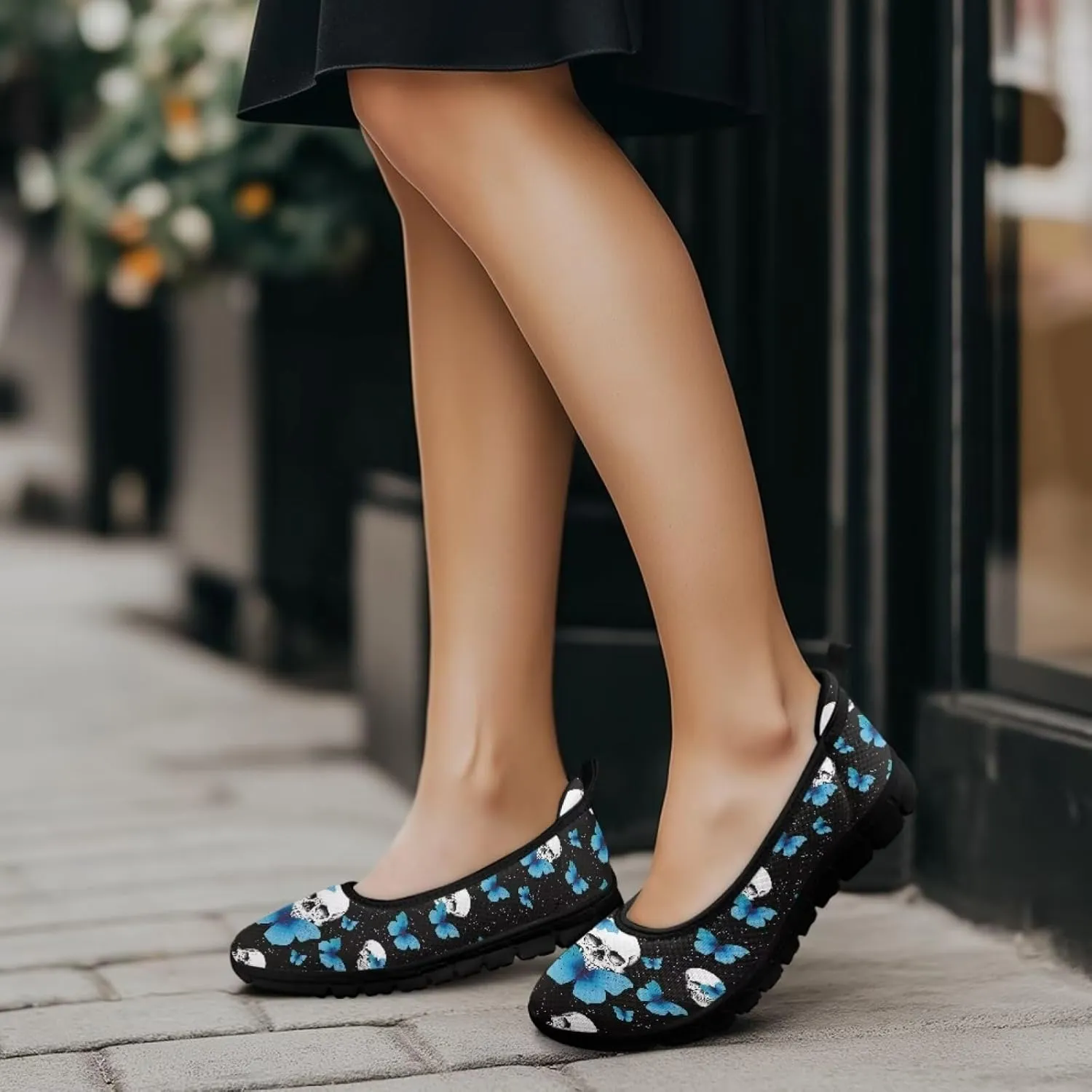Skull Loafers for Women Dressy Sneakers Floral Slip On Low Cut Tennis Shoes Flats Breathable Mesh Tennis Shoe for Party Travel Comfort Sneaker
