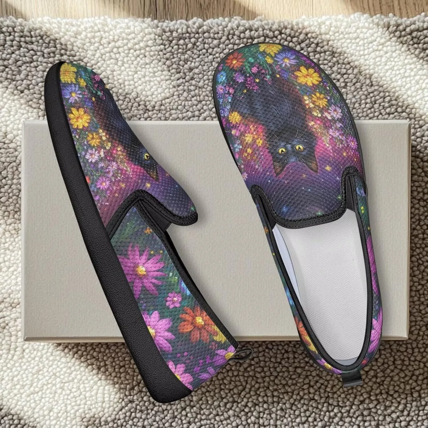 Slip On Casual Flats for Women Breathable Loafers Wide Toe Walking Shoes Laides Fashion Round Toe Art Painted Travel Shoes SizeUS 6-11