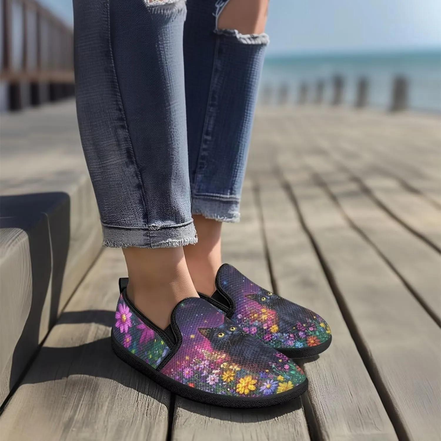 Slip On Casual Flats for Women Breathable Loafers Wide Toe Walking Shoes Laides Fashion Round Toe Art Painted Travel Shoes SizeUS 6-11