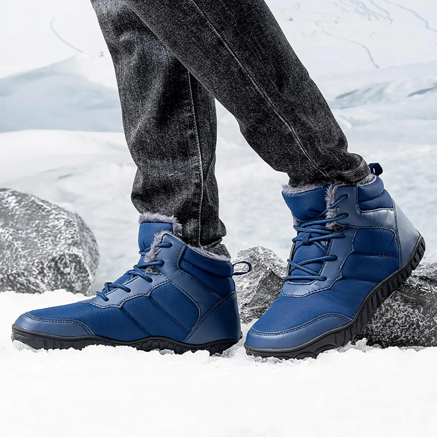 Snow Boots Mens Waterproof Winter Boots Wide Toe Box Snow Boots Fur Lined Booties Non-Slip Lightweight Winter Shoes