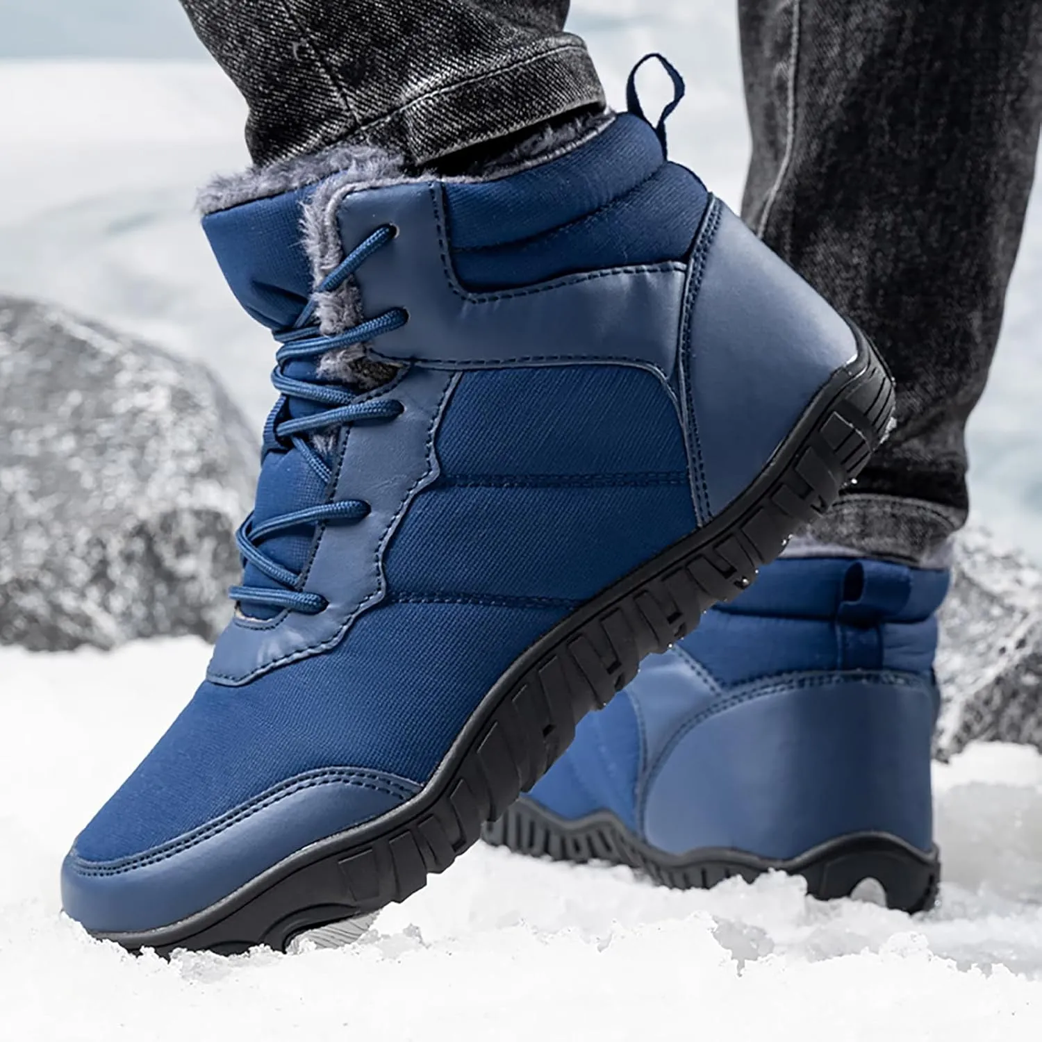 Snow Boots Mens Waterproof Winter Boots Wide Toe Box Snow Boots Fur Lined Booties Non-Slip Lightweight Winter Shoes