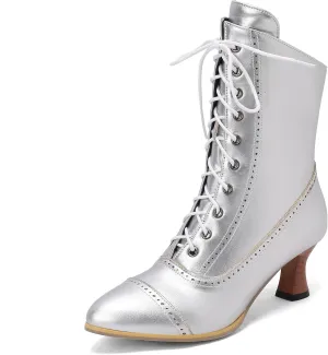 SO SIMPOK Victorian Ankle Boots for Women - Vintage Granny Boots Lace Up - Pointed Toe Booties Low Heel - Mid Calf Boots with Zipper